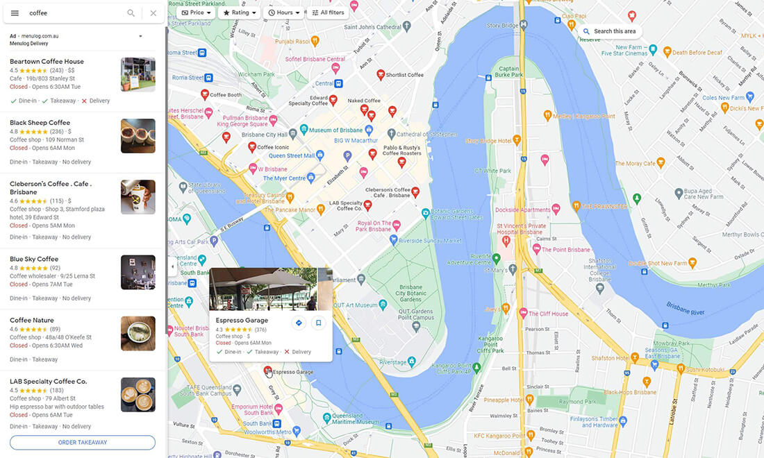 Using Google Business Profile to find local coffee